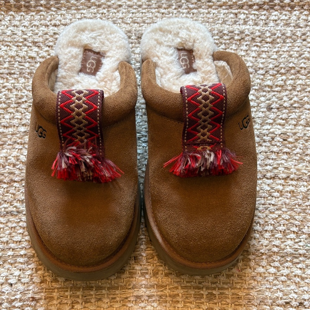 UGG Tan Suede Slippers with Red and White Trim